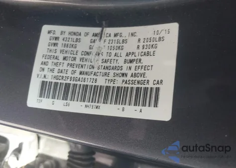 2016 Honda Accord Exl из США, поврежденный, VIN 1HGCR2F99GA061728